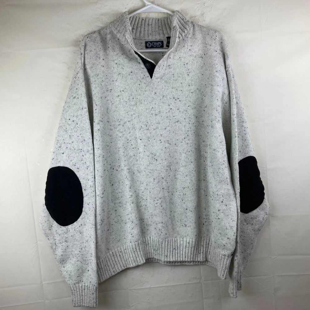 Chaps Mock Neck Sweater Mens‎ XXL Oatmeal Cream Elbow Patches Preppy Academia